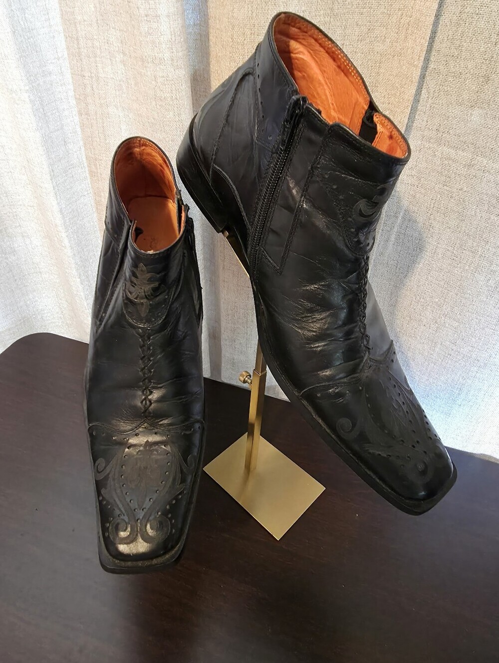 Robert Wayne Black Leather Men's Ankle Boots with Orange Lining